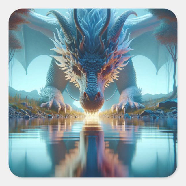 Mystical Blue Dragon Looking at Reflection in Wate Square Sticker (Front)