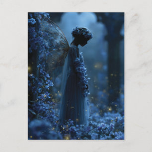 Mystical Blue Fairy in a Moonlit Enchanted Garden Holiday Postcard