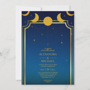 Mystical Blue Gold Celestial Stars Wedding   Invit Invitation