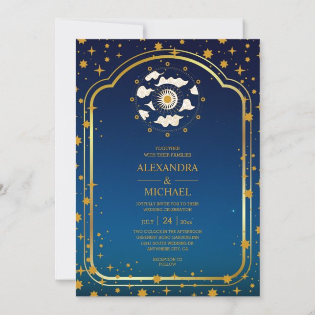 Mystical Blue Gold Celestial Stars Wedding  Invita Invitation (Front)