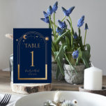 Mystical Blue Gold Sun Moon Astronomy Wedding Table Number<br><div class="desc">Mystical Blue Gold Sun Moon Astronomy Wedding Table Numbers features gold sun, moon and stars with a golden frame on a black background. Inside is your custom wedding invitation information. Personalise by editing the text in the text boxes. NOTE: Please customise with table numbers one by one and add to...</div>