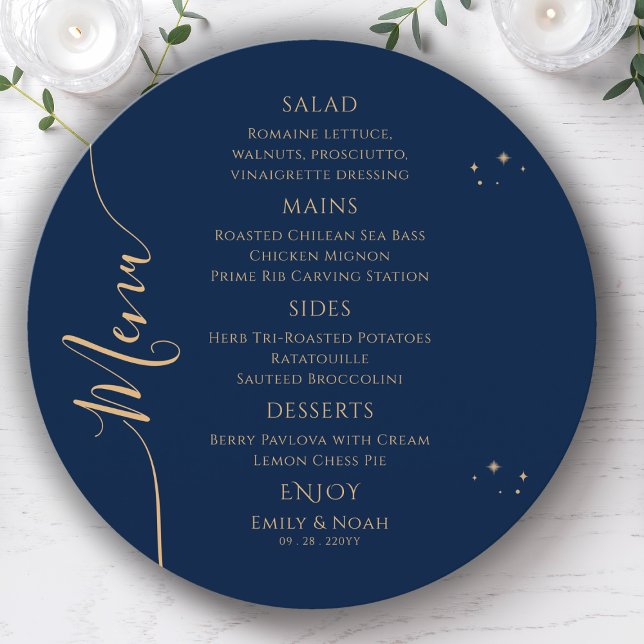 Mystical Blue Gold Sun Moon Stars Space Wedding Menu (Creator Uploaded)