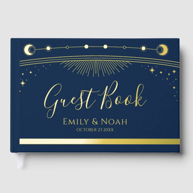 Mystical Blue Gold Sun Moon Stars Wedding Guest Book (Front)