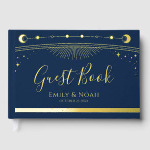 Mystical Blue Gold Sun Moon Stars Wedding Guest Book