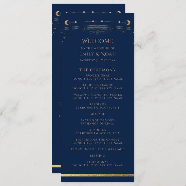 Mystical Blue Gold Sun Star Moon Astronomy Wedding Programme (Front/Back)