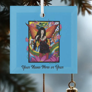Mystical Blue Gothic Fantasy Fairy Dragon Glass Tree Decoration