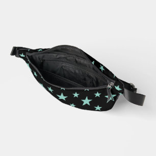 Mystical Blue-Green Stars and Black Background Bum Bags