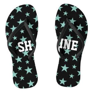 Mystical Blue-Green Stars and Black Background Flip Flops