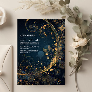 Mystical Blue Midnight Gold Celestial Wedding Invitation