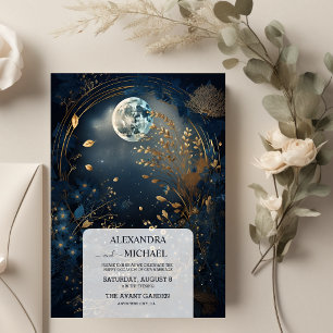 Mystical Blue Midnight Gold Celestial Wedding Invitation