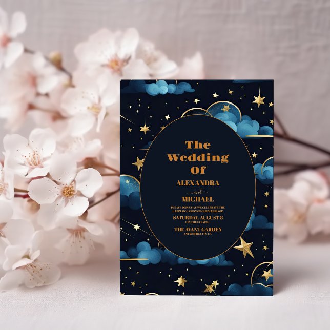 Mystical Blue Midnight Gold Celestial Wedding Invitation (Creator Uploaded)
