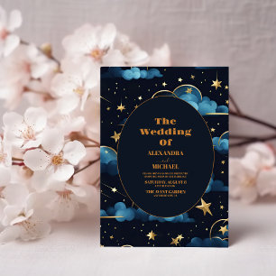 Mystical Blue Midnight Gold Celestial Wedding Invitation