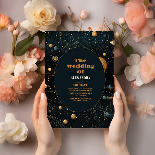 Mystical Blue Midnight Gold Celestial Wedding Invitation