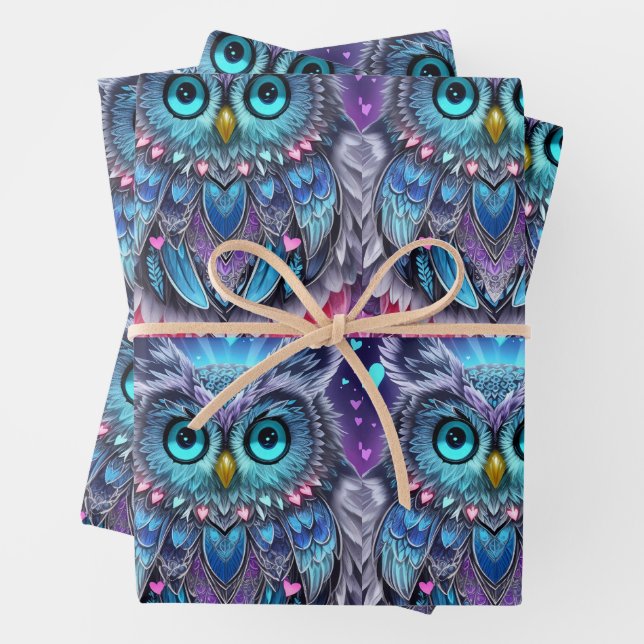 Mystical Blue Owl of Light Wrapping Paper Sheet (In situ)