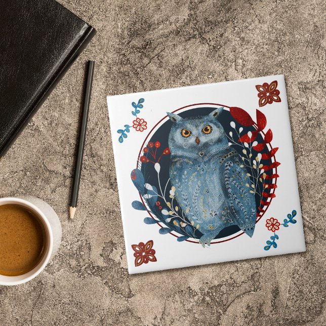 Mystical Blue Owl Red Leaves Folk Art Tile (Creator Uploaded)