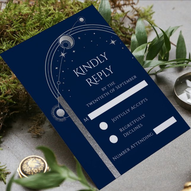 Mystical Blue Silver Star Moon Astronomy Wedding RSVP Card (Creator Uploaded)