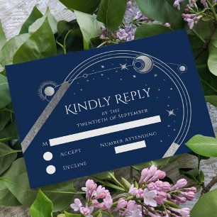 Mystical Blue Silver Star Moon Astronomy Wedding RSVP Card
