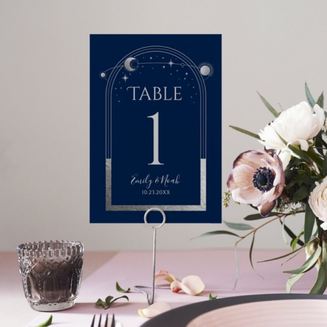 Mystical Blue Silver Sun Moon Astronomy Wedding Table Number (Creator Uploaded)
