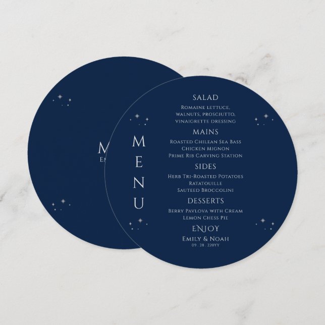 Mystical Blue Silver Sun Moon Stars Space Wedding Menu (Front/Back)