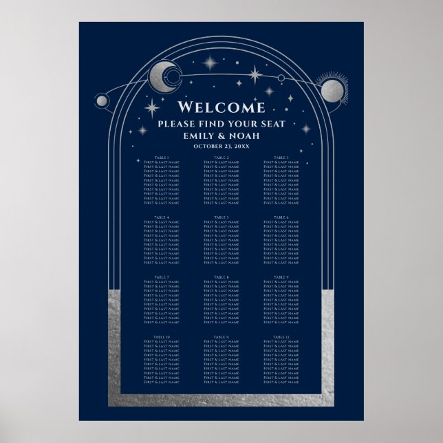 Mystical Blue Silver Sun Moon Stars Wedding Poster (Front)