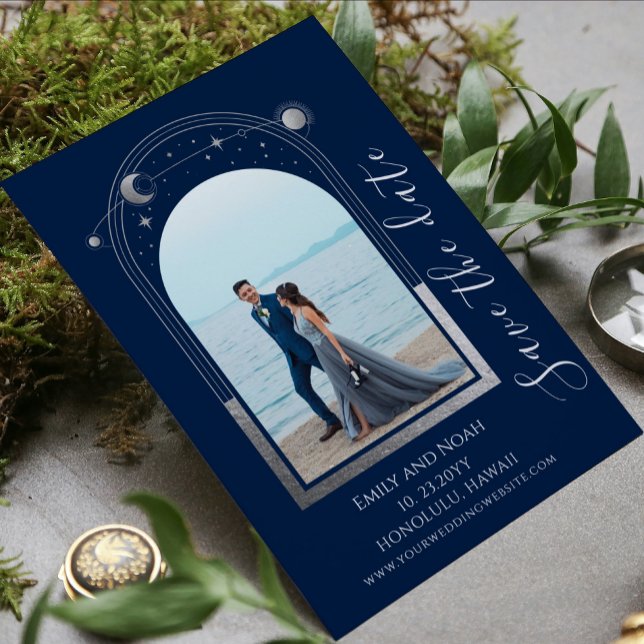 Mystical Blue Silver Sun Moon Stars Wedding Save The Date (Creator Uploaded)