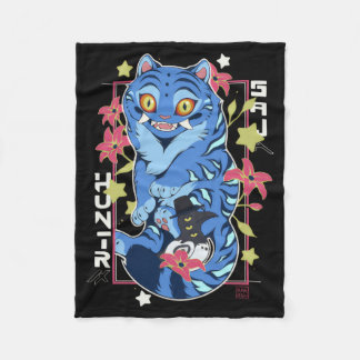 Mystical Blue Tiger Japanese Folk Art Style Fleece Blanket