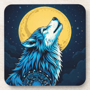 Mystical Blue Wolf Howling at a Full Moon Coaster