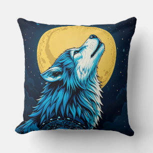 Mystical Blue Wolf Howling at a Full Moon Cushion