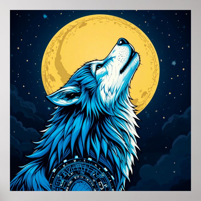 Mystical Blue Wolf Howling at a Full Moon Poster (Front)
