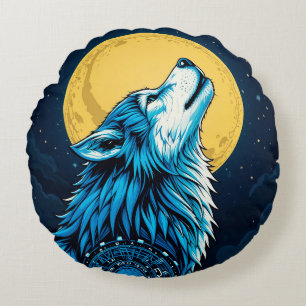 Mystical Blue Wolf Howling at a Full Moon Round Cushion