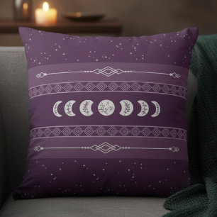 Mystical Bohemian Plum Celestial Moon Phase Cushion