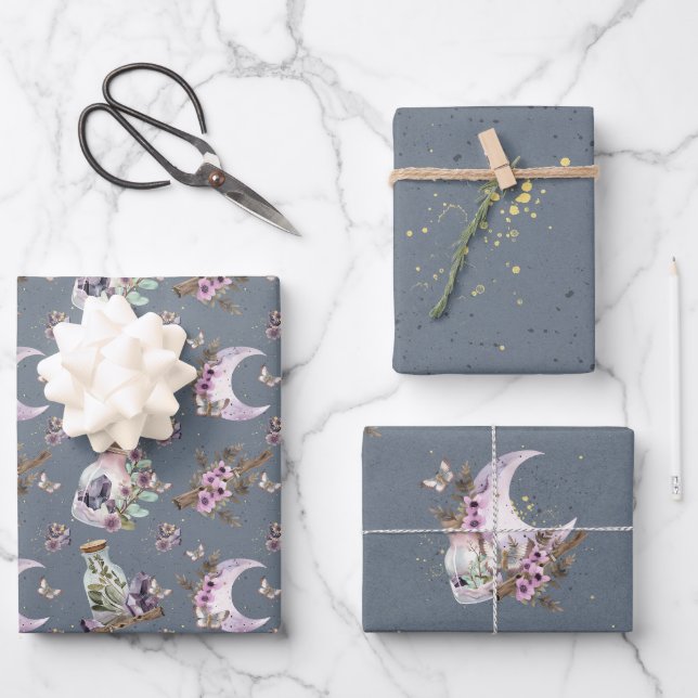 Mystical Boho Lavender Anemone Moon and Bottles  Wrapping Paper Sheet (Front)