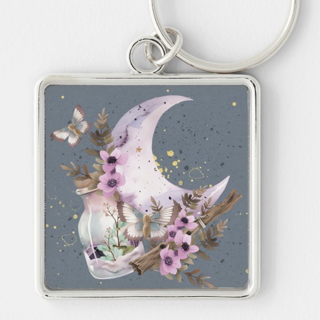 Mystical Boho Lavender Anemone Moon  Key Ring (Front)