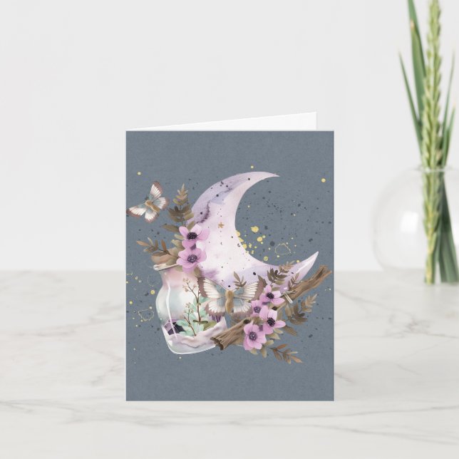 Mystical Boho Lavender Anemone Moon Note Card (Front)