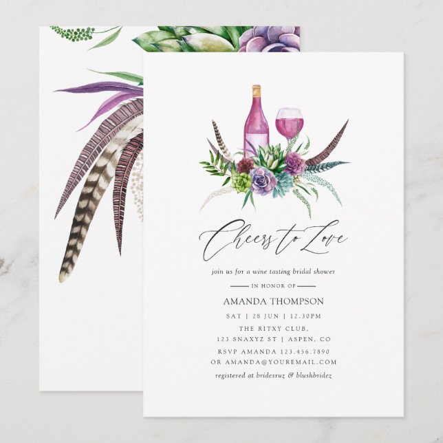 Mystical Boho Succulent Bridal Shower Wine Tasting Invitation (Front/Back)