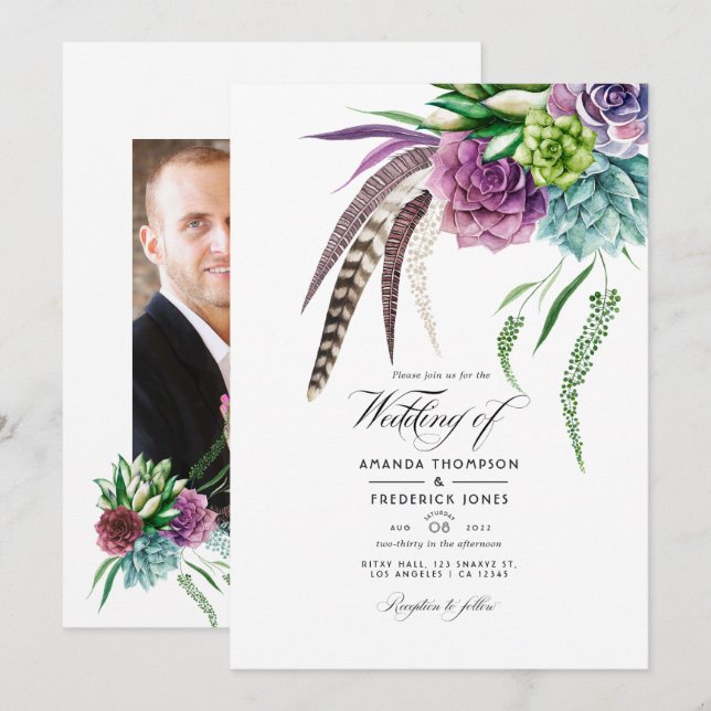 Mystical Boho Succulent Plants Wedding Photo Invitation (Front/Back)