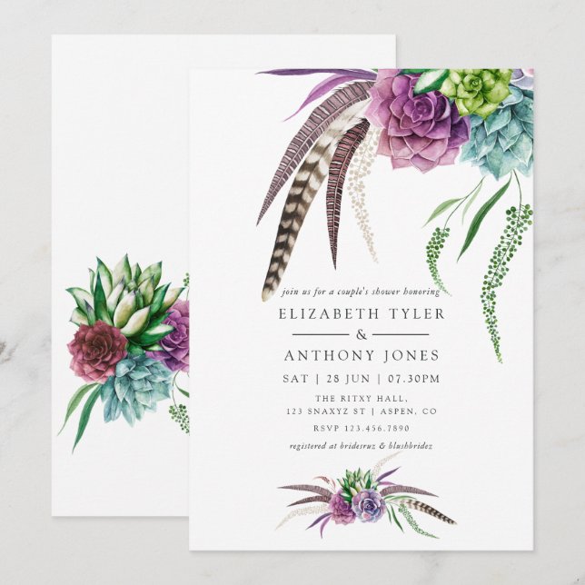 Mystical Boho Watercolor Succulent Couples Shower Invitation (Front/Back)