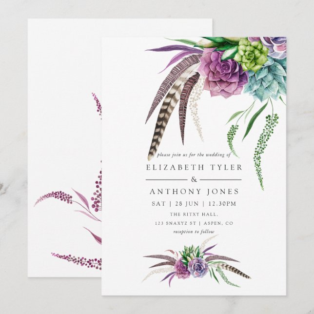 Mystical Boho Watercolor Succulent Wedding Invitation (Front/Back)