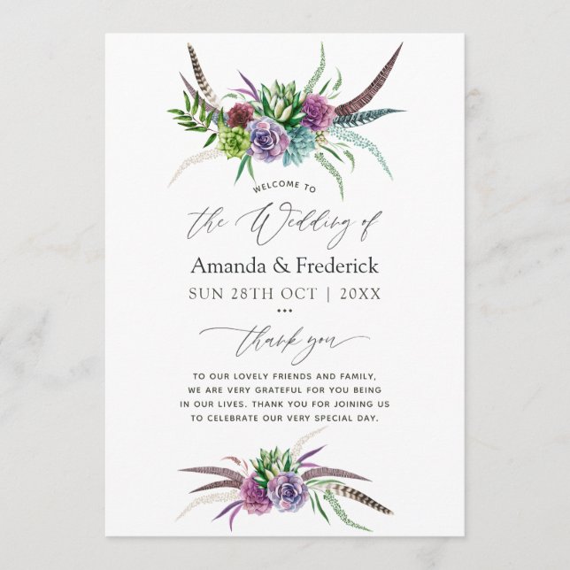 Mystical Boho Watercolor Succulent Wedding Programme (Front)