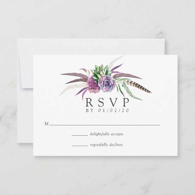 Mystical Boho Watercolor Succulent Wedding RSVP Card (Front)