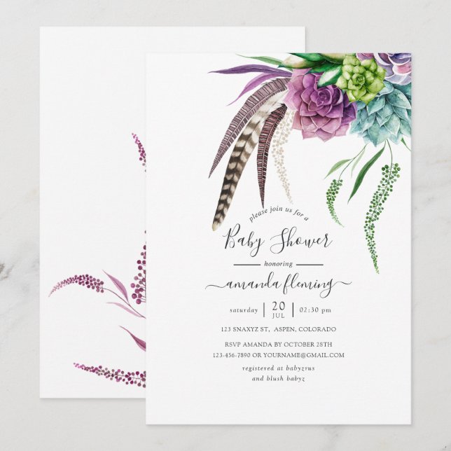 Mystical Boho Watercolor Succulents Baby Shower Invitation (Front/Back)