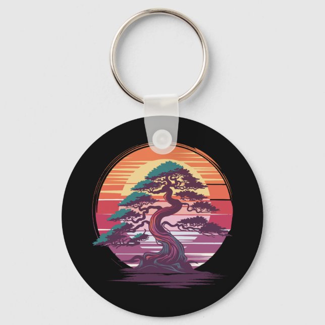 Mystical Bonsai Tree - Retro Sunset Aesthetic Key Ring (Front)