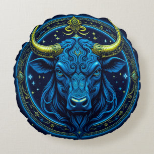 Mystical Bull with Tribal Decorations Round Cushion