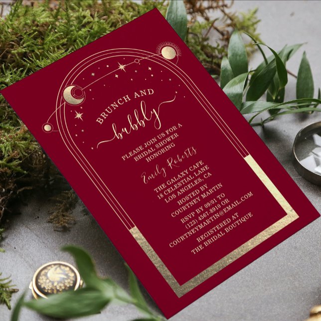 Mystical Burgundy Gold Celestial Bridal Shower Invitation (Creator Uploaded)