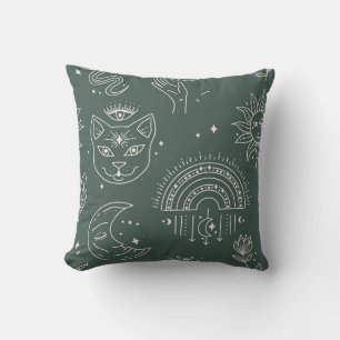 Mystical Cat and Celestial Symbols Pillow