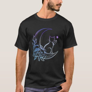 Mystical Cat Crescent Moon Floral Accents T-Shirt