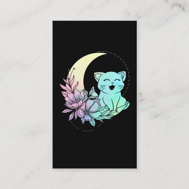 Mystical Cat Crescent Moon Pastel Goth Wicca Business Card (Front)