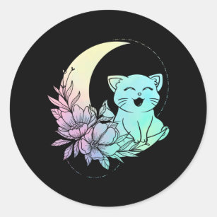 Mystical Cat Crescent Moon Pastel Goth Wicca Classic Round Sticker