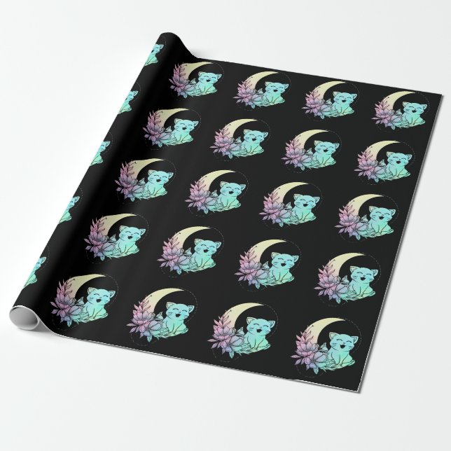 Mystical Cat Crescent Moon Pastel Goth Wicca Wrapping Paper (Unrolled)