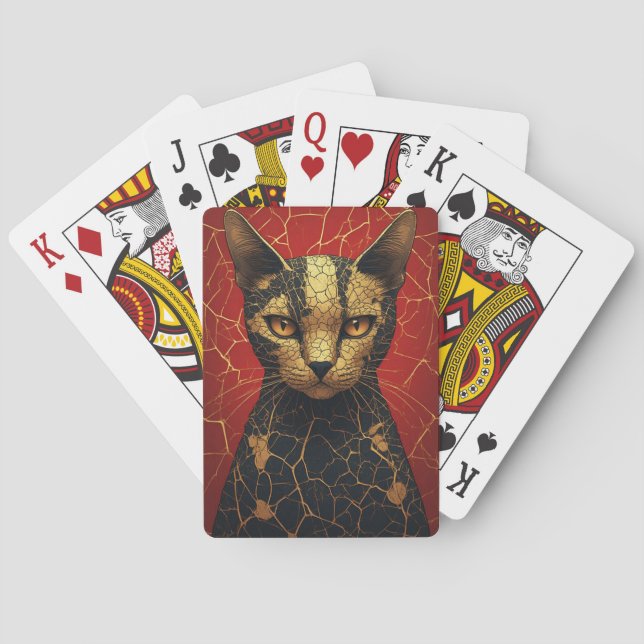 Mystical Cat Face With Golden Fracture Lines 🌙 Playing Cards (Back)